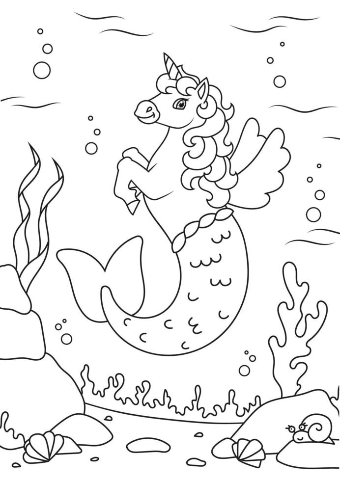 lindo unicornio sirena. caballo de hadas mágico. página de libro para colorear para niños. estilo de dibujos animados. ilustración vectorial aislado sobre fondo blanco. vector