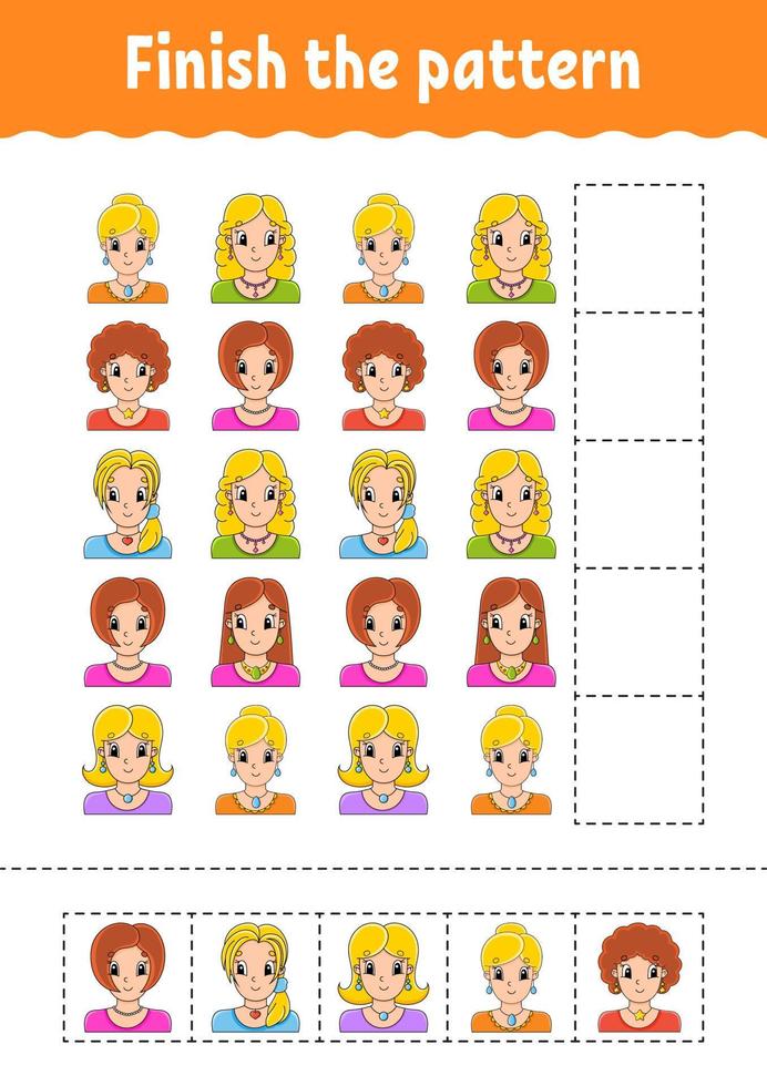 Finish the pattern. Cut and play. Education developing worksheet. Activity page. cartoon character. Vector illustration.