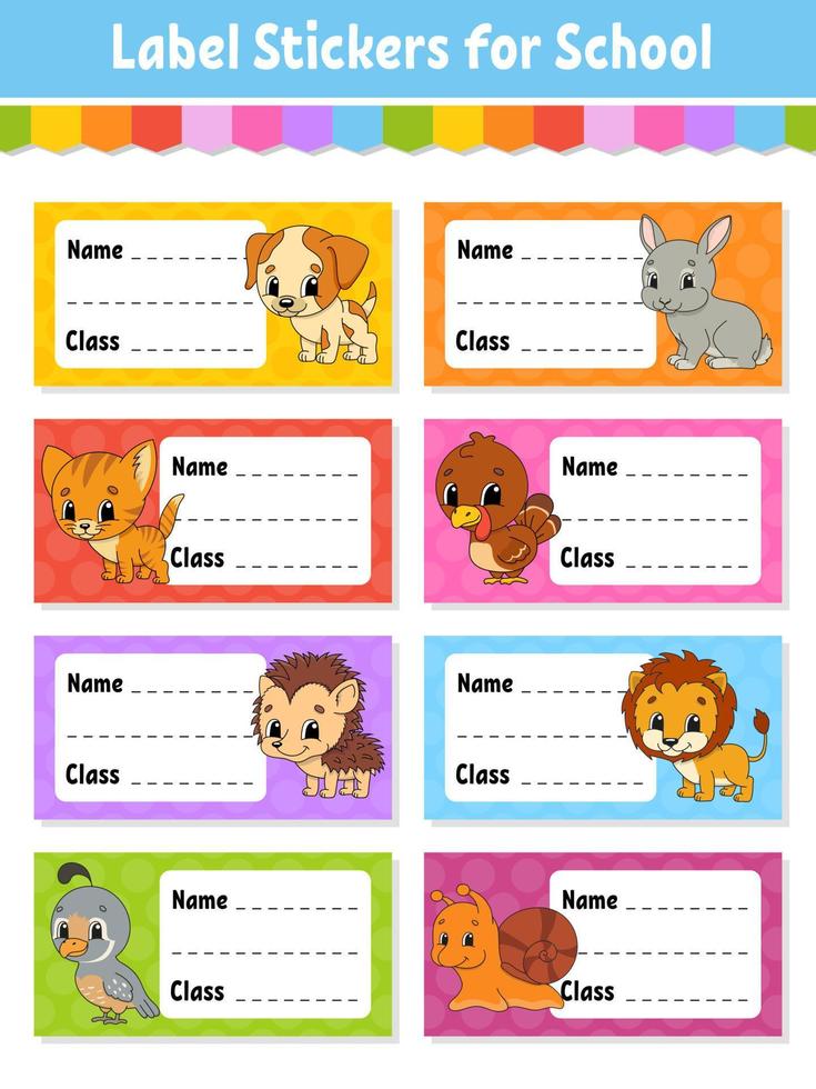 Name and class. Back to school labels. Set stickers for notebook. Bright stickers. Rectangular label. Cute characters. Color vector isolated illustration.