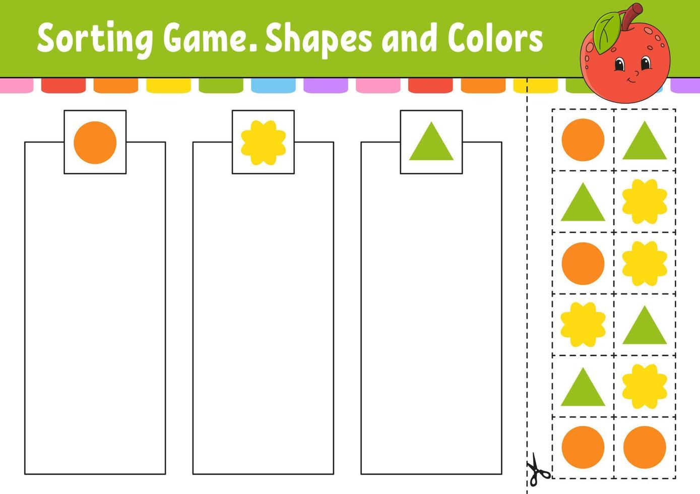 Sorting game. Shapes and colors. Cut and glue. Education developing worksheet. Game for kids. Color activity page. Puzzle for children. Cute character. Vector illustration. cartoon style.