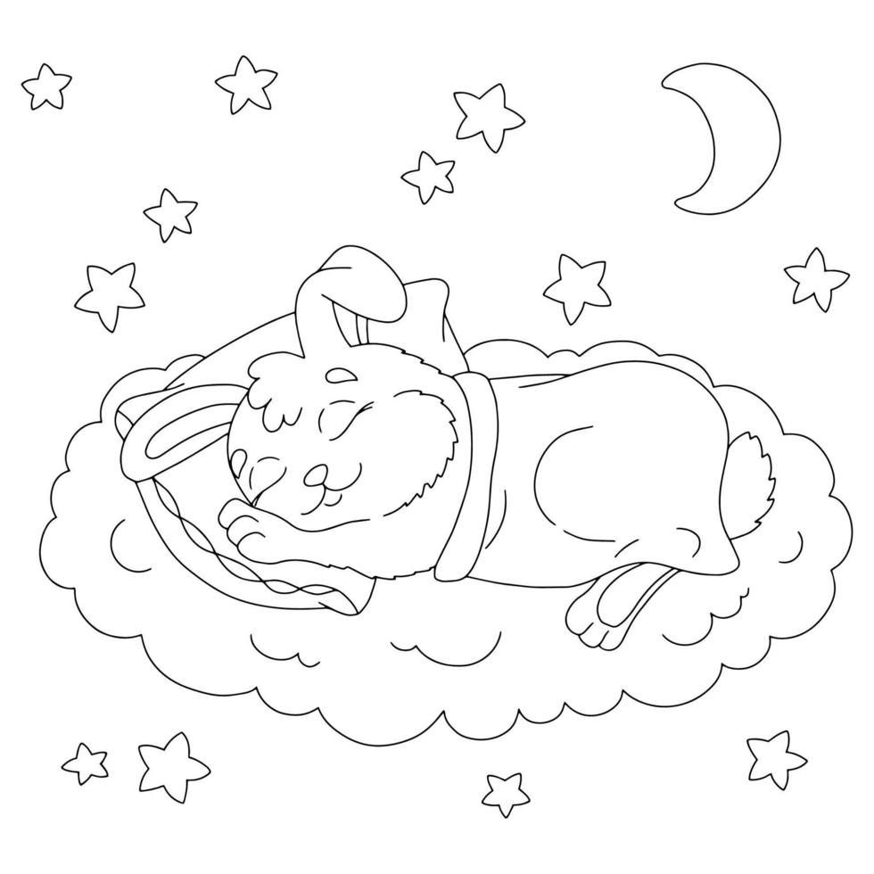 A cute rabbit sleeps under a blanket. Coloring book page for kids. Cartoon style. Vector illustration isolated on white background.