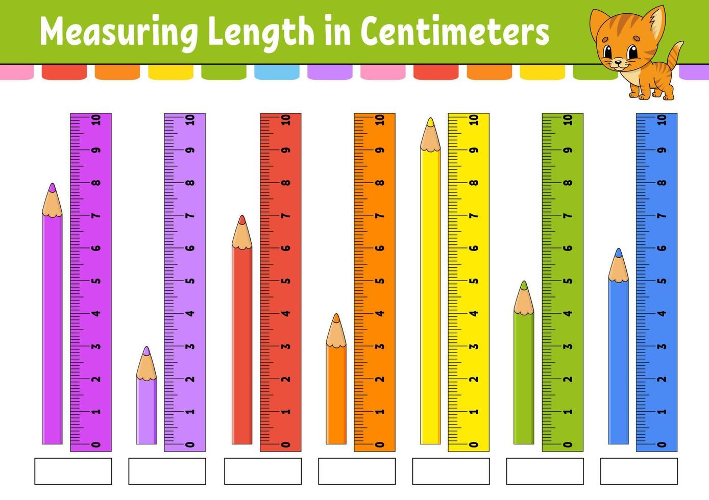 Measuring length in centimeter with ruler. Education developing worksheet. Game for kids. Color activity page. Puzzle for children. Cute character. Vector illustration. cartoon style.