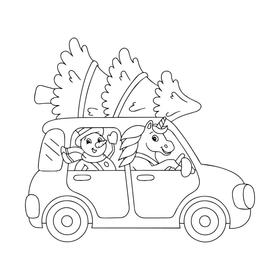 The snowman and the unicorn ride in the car and carry the Christmas tree. Coloring book page for kids. Cartoon style character. Vector illustration isolated on white background.