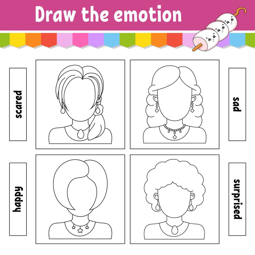 Draw the emotion. Worksheet complete the face. Coloring book for kids. Cheerful character. Vector illustration. Black contour silhouette. Isolated on white background.