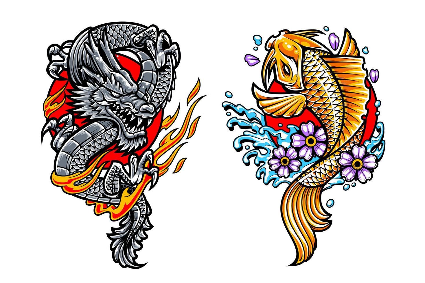 artes del tatuaje japonés dragón y koi vector
