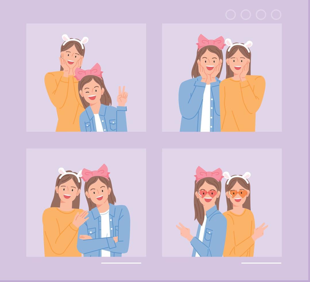 Two friends are taking funny pictures in a photo booth. vector