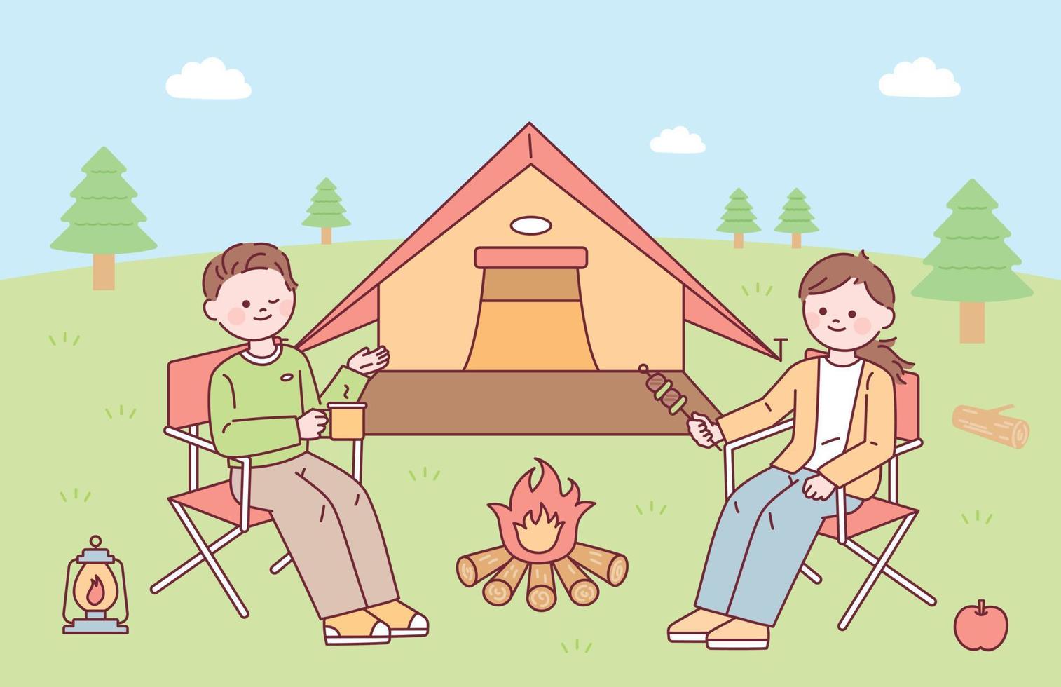 Couple camping outdoors with tent and bonfire. flat design style vector illustration.