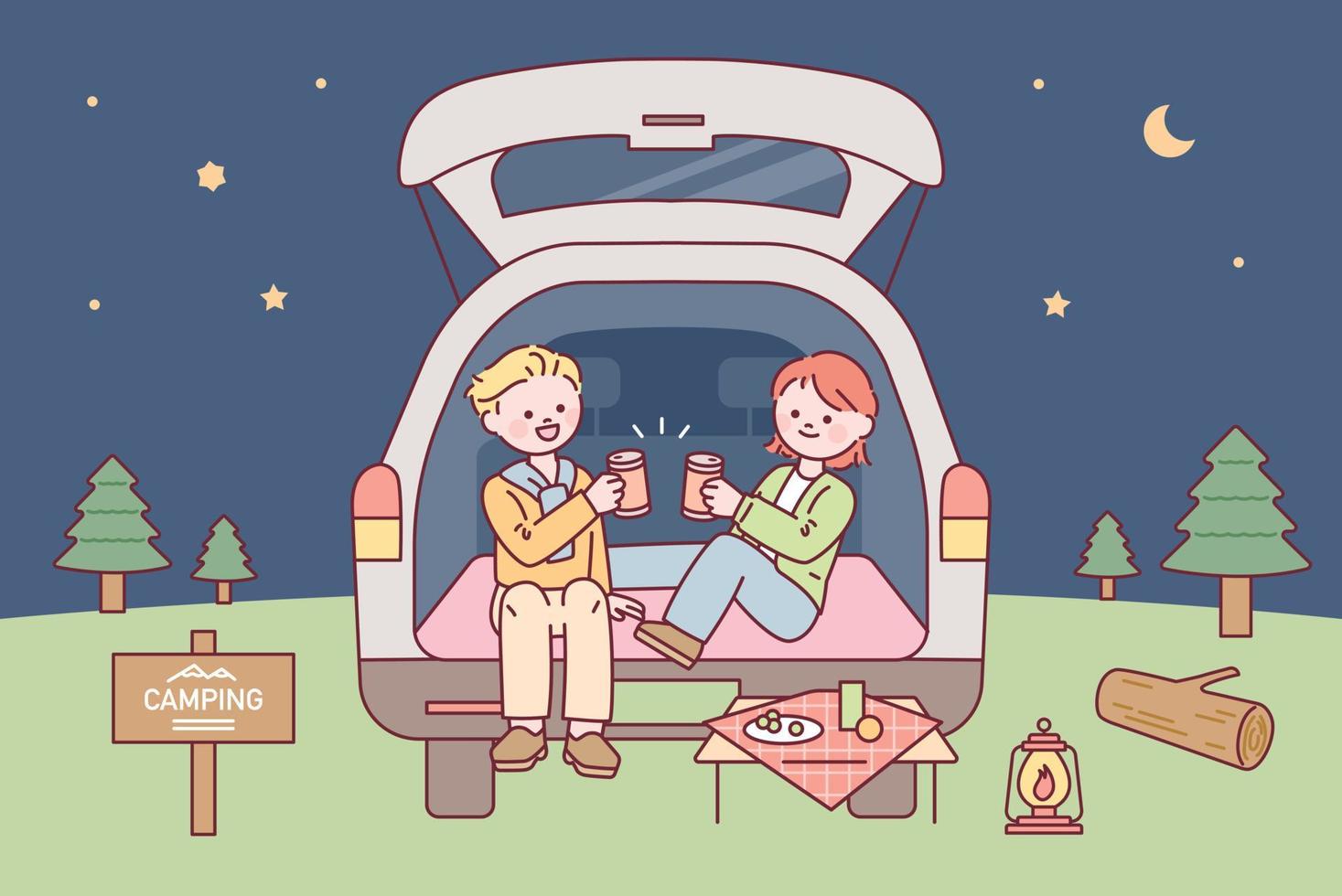 A couple is camping in the trunk of a car. Late night nature background. vector