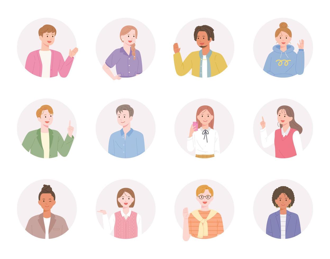 People of various styles are making gestures in a round frame. vector