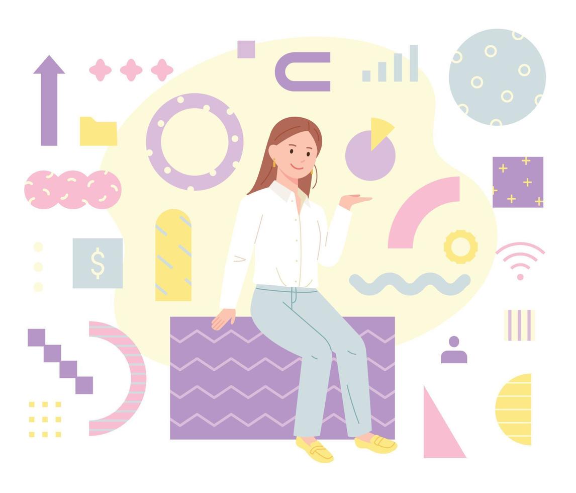 A business woman is giving an explanation while sitting among many shapes. vector