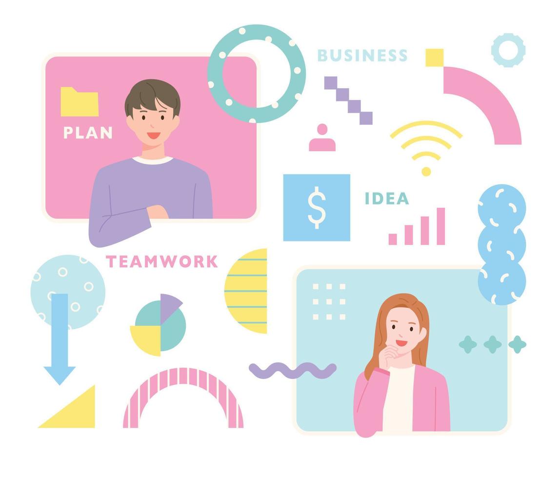 A businessman and a business woman are on their computer monitors. vector