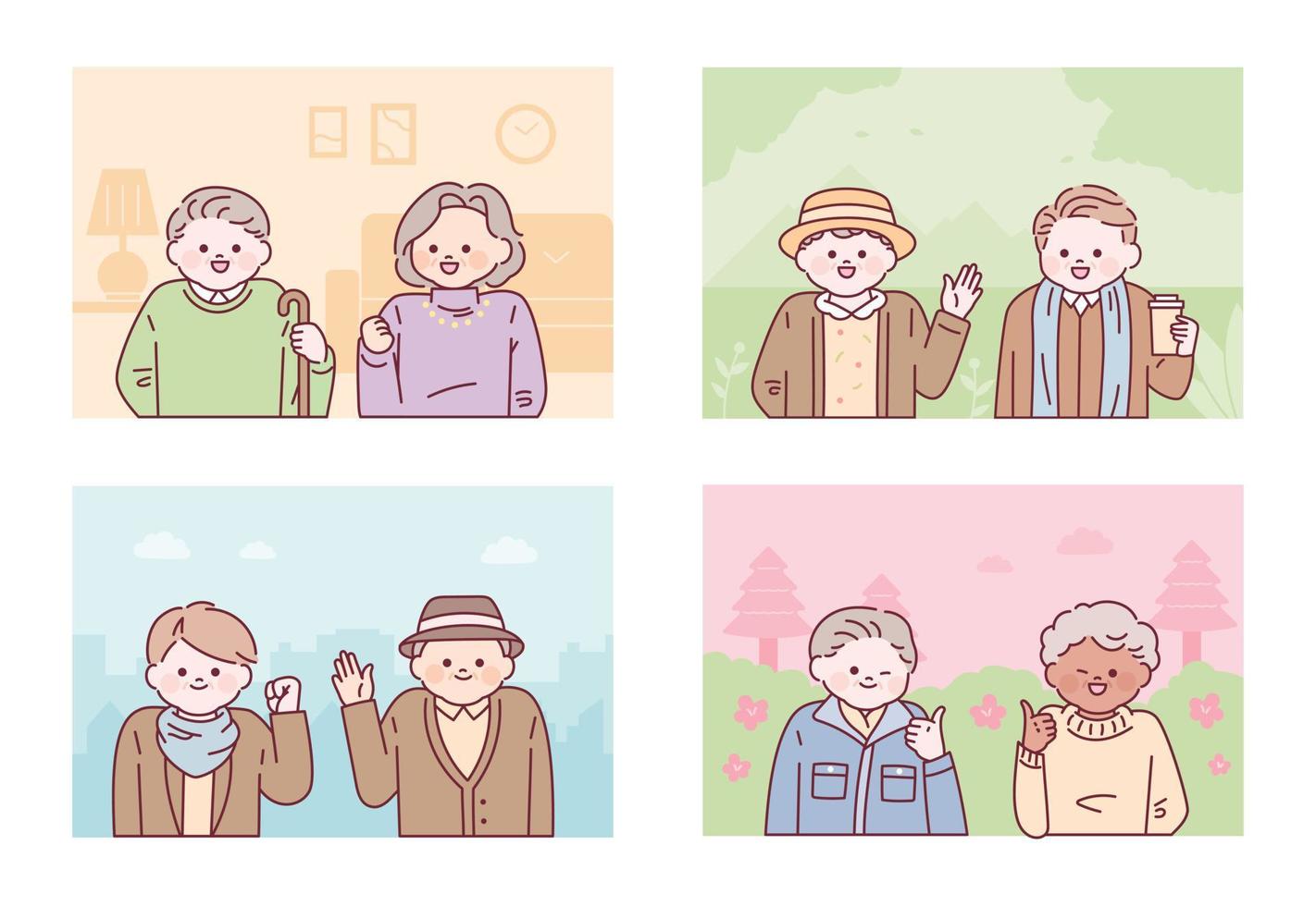 Lindas parejas de ancianos. concepto de instantánea. ilustración vectorial de estilo de diseño plano. vector