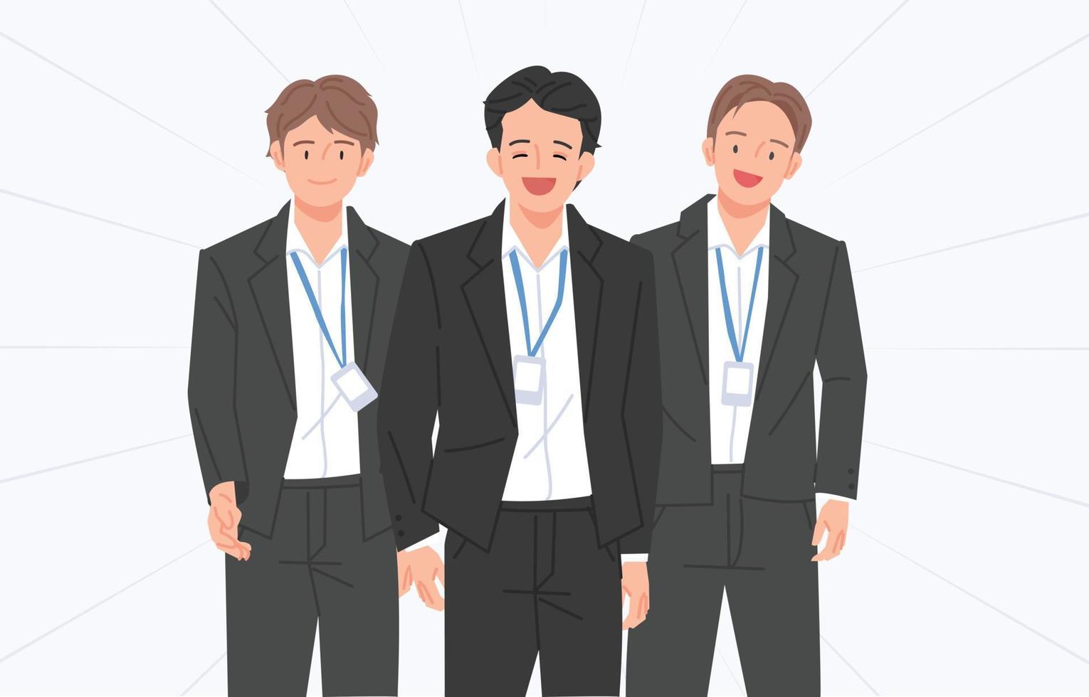 Business people with employee IDs around their necks are standing in a confident pose and looking straight ahead. vector