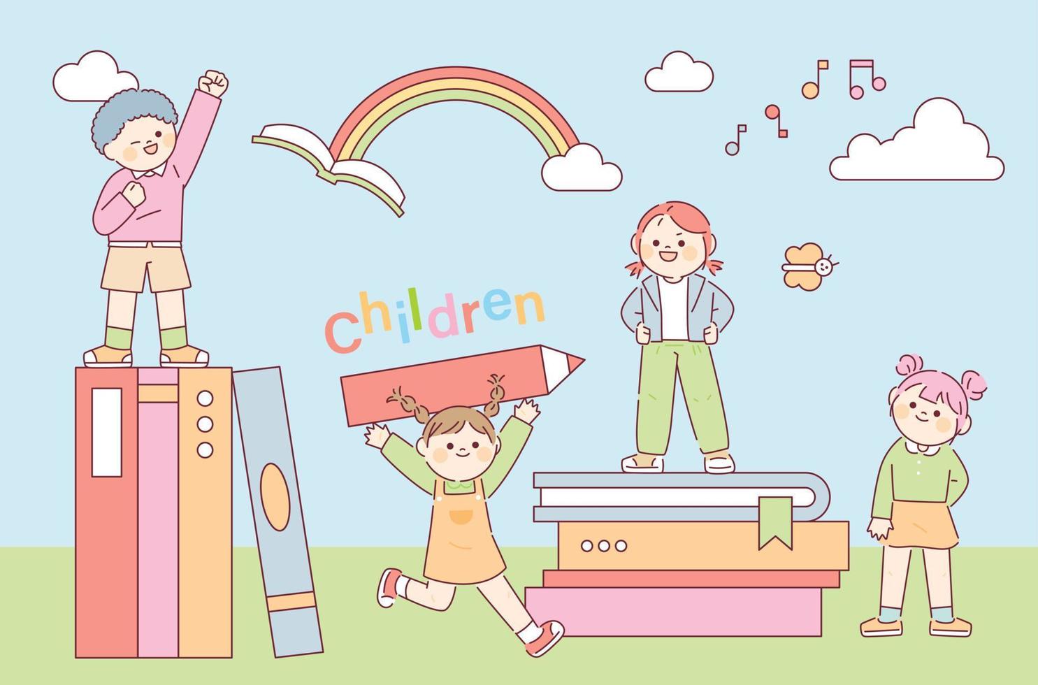 Cute children are playing around with books and pencils. Children education concept. vector