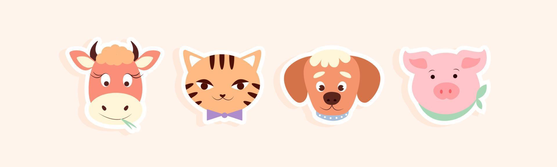 conjunto de pegatinas de animales de caras lindas. bozales de gato, perro, vaca y cerdo. ilustración vectorial en estilo plano vector