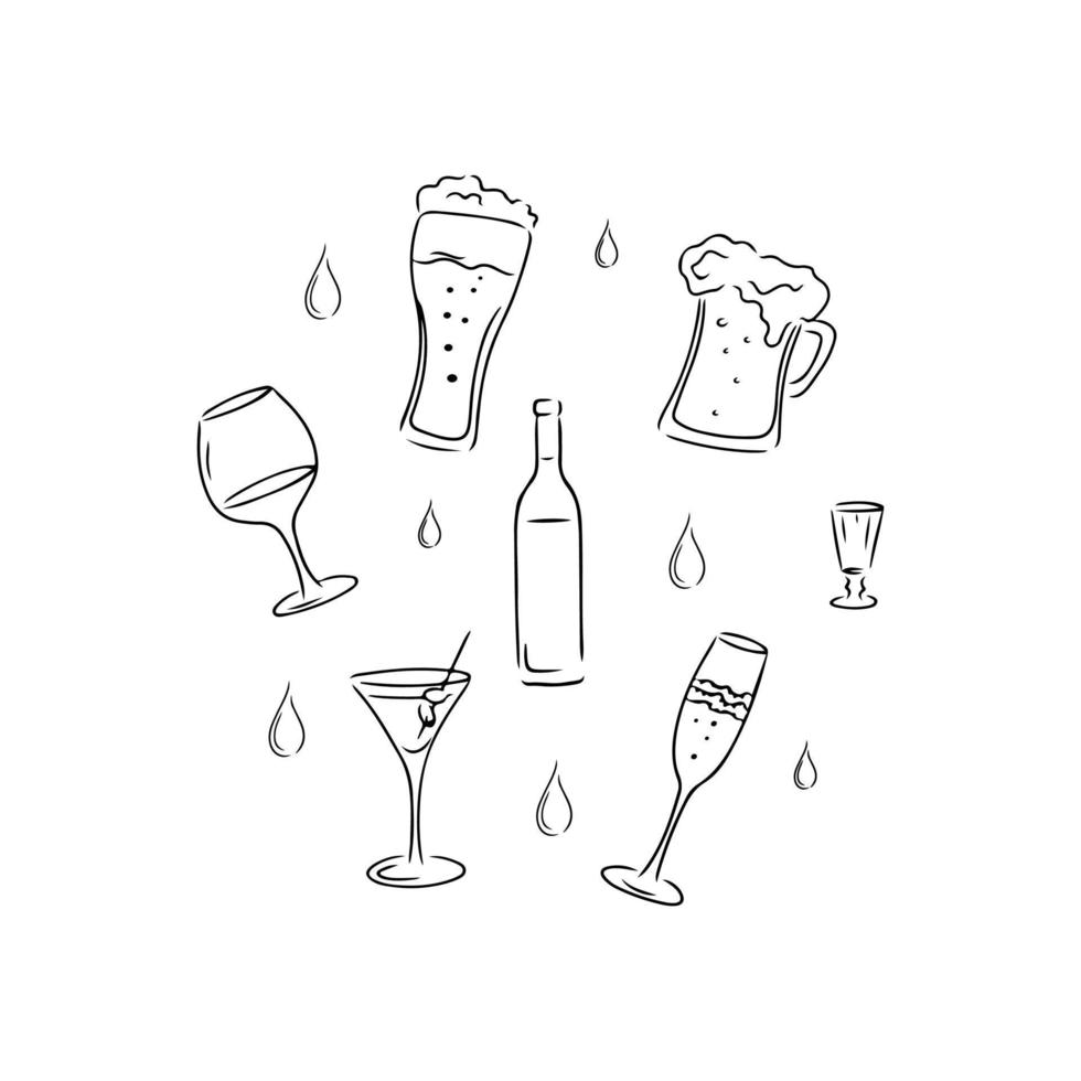 vasos para juego de alcohol. copa de vino, cerveza, champán, coñac, cóctel y botella de vidrio aislada en fondo blanco. ilustración vectorial en estilo boceto vector