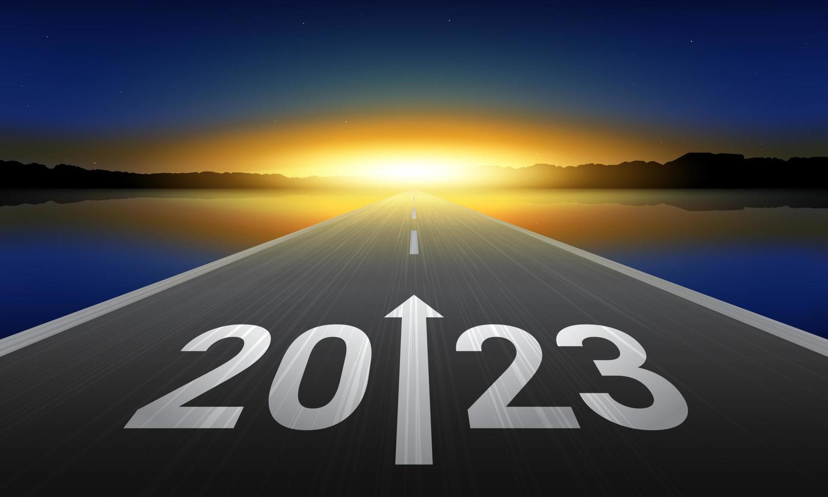 Diseño de fondo de año nuevo 2023. texto 2023 escrito en la carretera en medio de la carretera asfaltada al amanecer. vector