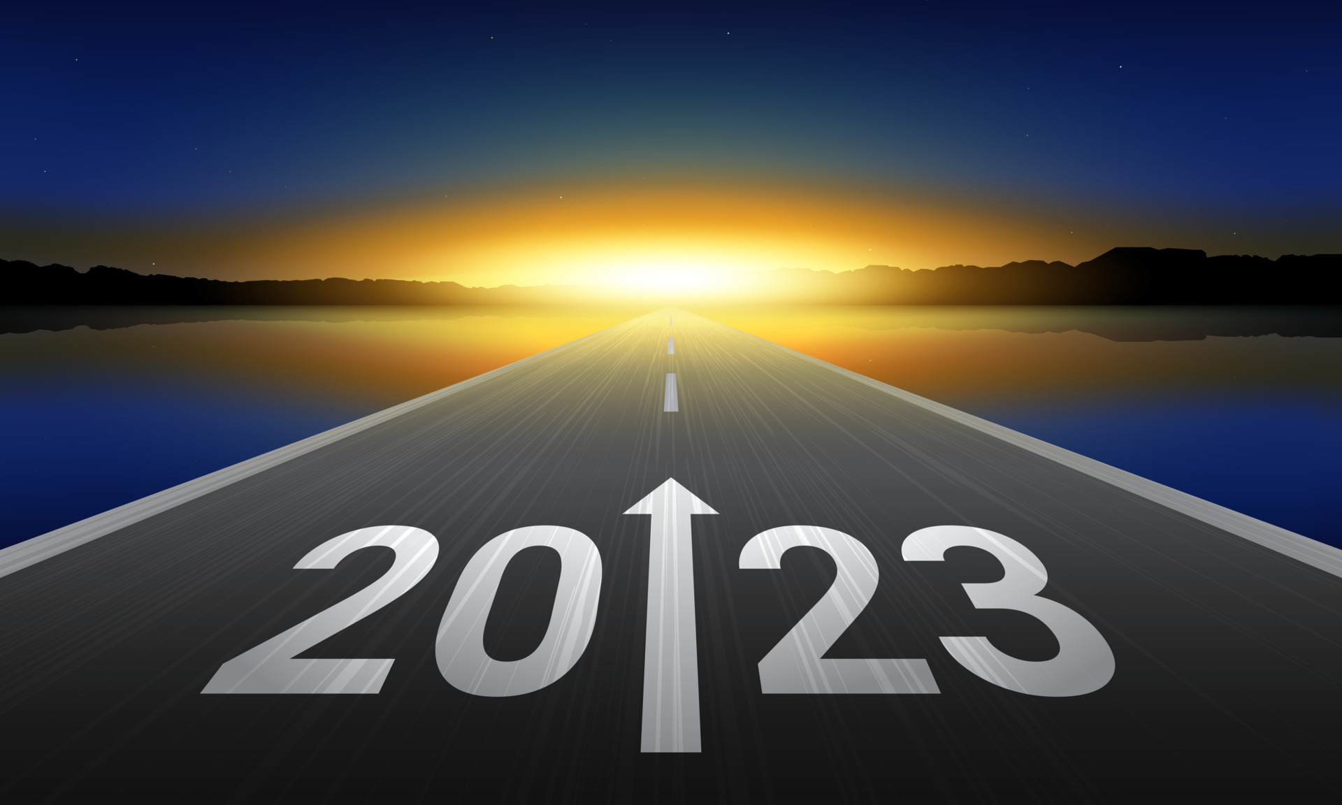 2023 New Year Background Design. Text 2023 written on the road in the