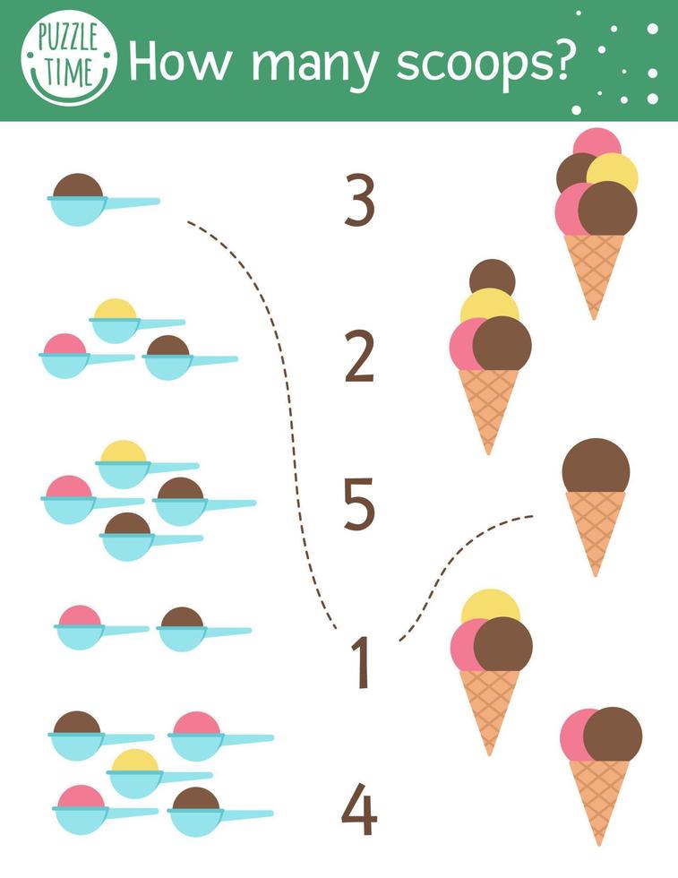 juego de combinación con cucuruchos y bolas de helado. actividad matemática de alimentos de verano para niños en edad preescolar. hoja de cálculo de conteo de vacaciones en la playa. imprimible educativo con lindos elementos divertidos para niños vector