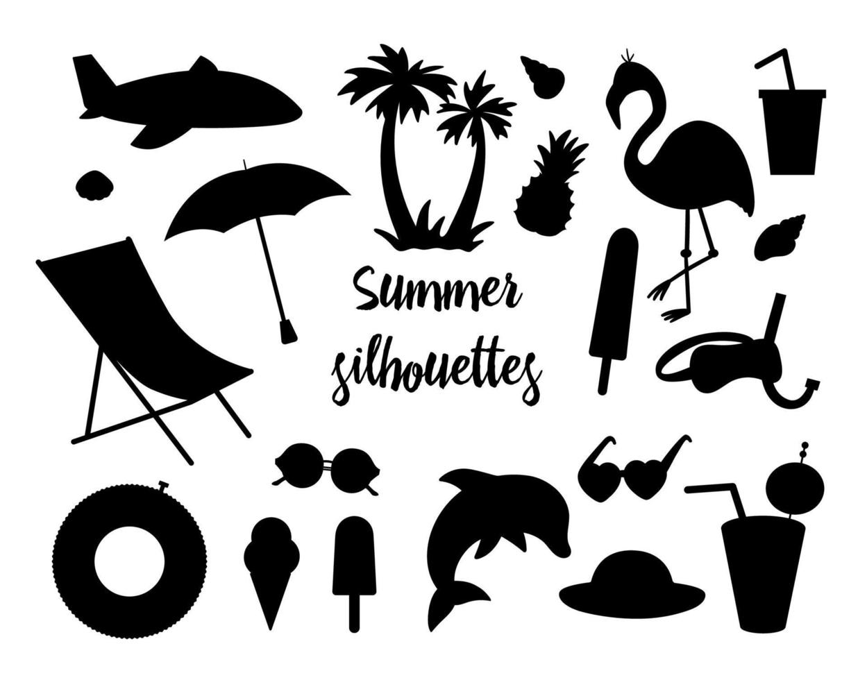 conjunto de vectores de siluetas de verano aislado sobre fondo blanco. linda ilustración plana para niños con palmera, avión, gafas de sol, divertidos anillos inflables. vacaciones playa objetos en forma de negro