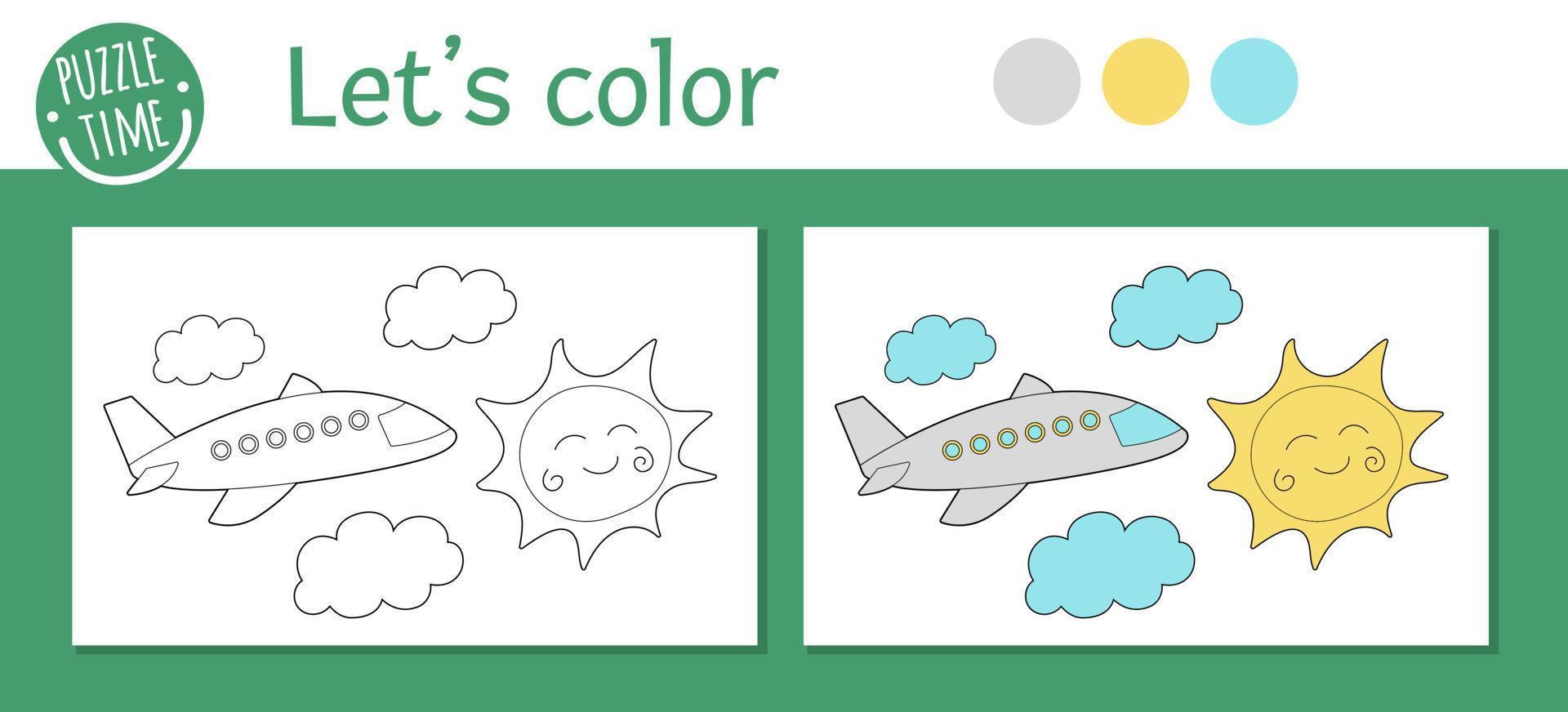 Summer coloring page for children. Cute funny plane flying among the clouds and sun. Vector beach holidays outline illustration. Sea vacation color book for kids with colored version and example