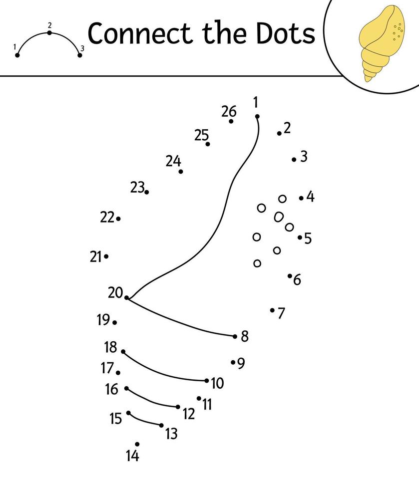 Vector dot-to-dot activity with cute seashell. Connect the dots game. Sea shell line drawing. Funny summer coloring page for kids.