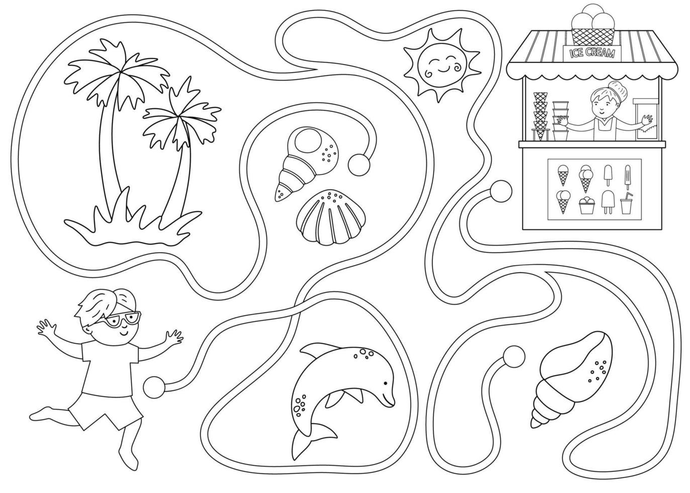 Summer black and white maze for children. Preschool beach holidays activity. Funny puzzle with cute boy, ice-cream stall, seashells. Holiday coloring game for kids. Printable activity with ice cream vector