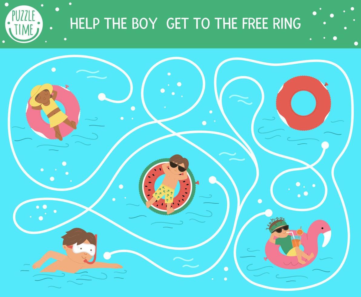 Summer maze for children. Preschool beach holidays activity. Funny puzzle with cute swimming boys, girls, rubber rings. Holiday game for kids. Printable activity with child in the water vector