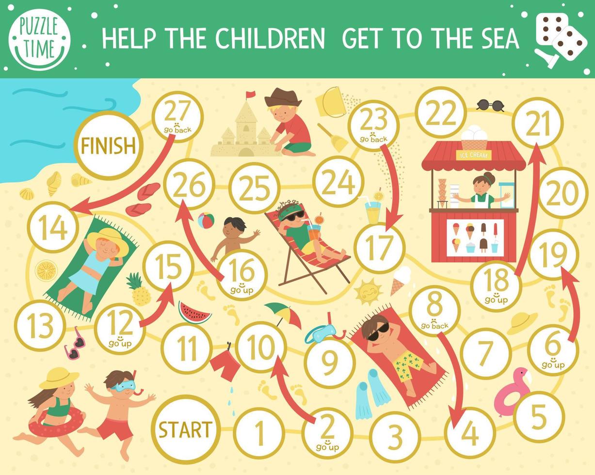 Summer board game for children with kids playing on the beach, ice-cream stall, diving equipment. Educational holiday boardgame. Sea vacations activity for kids. Seasonal printable activity vector