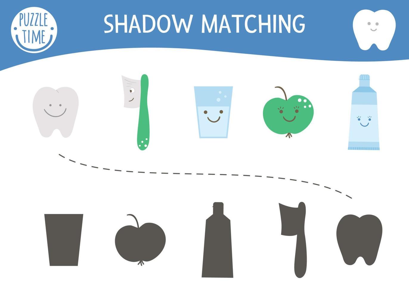 Shadow matching activity for children with cute dental care equipment. Mouth hygiene preschool worksheet. Find the correct silhouette game with kawaii tooth, toothpaste, apple, toothbrush. vector