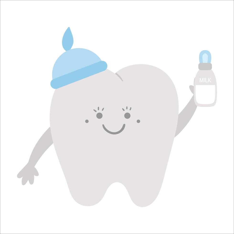 Cute kawaii tooth holding milk bottle. Vector teeth icon for children design. Funny dental care picture for kids. Dentist baby clinic clipart with mouth hygiene concept on white background.