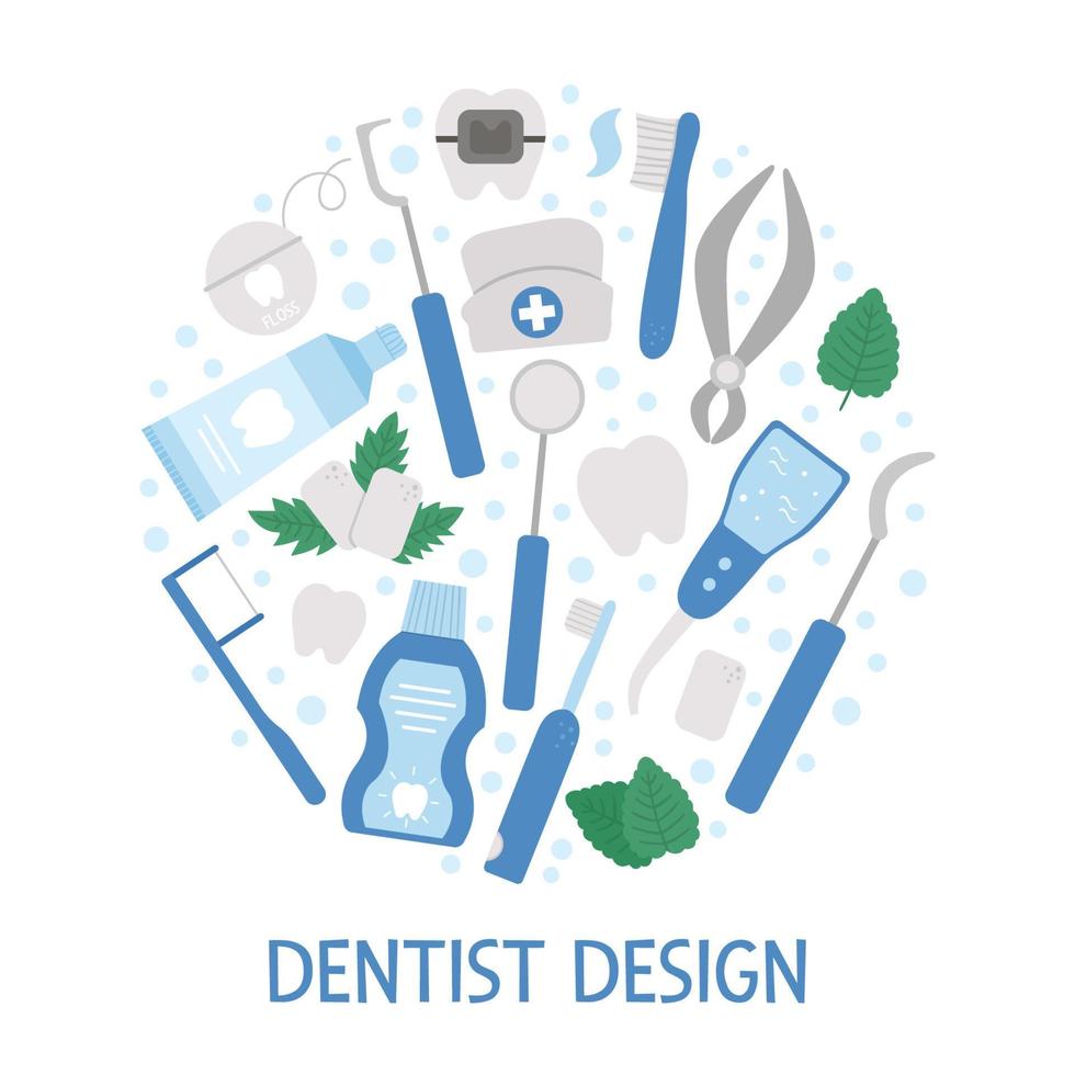 Vector round frame with tooth care tools. Card template with elements for cleaning teeth. Dentistry equipment banner isolated on white background. Dentist icons framed in circle