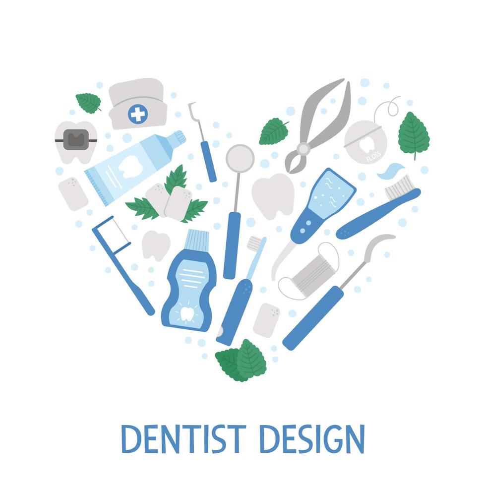 Vector frame with tooth care tools. Card template with elements for cleaning teeth. Dentistry equipment banner isolated on white background. Dentist icons framed in heart shape