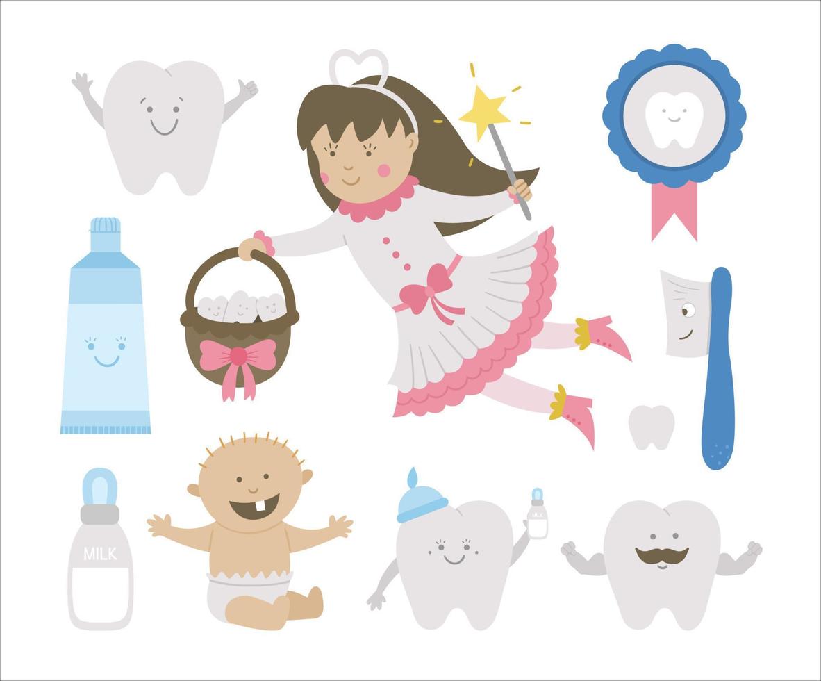 Cute tooth fairy vector set. Kawaii fantasy princess with funny smiling toothbrush, baby, molar, milk bottle, medal, toothpaste, teeth. Funny dental care picture for kids. Dentist baby clinic clipart