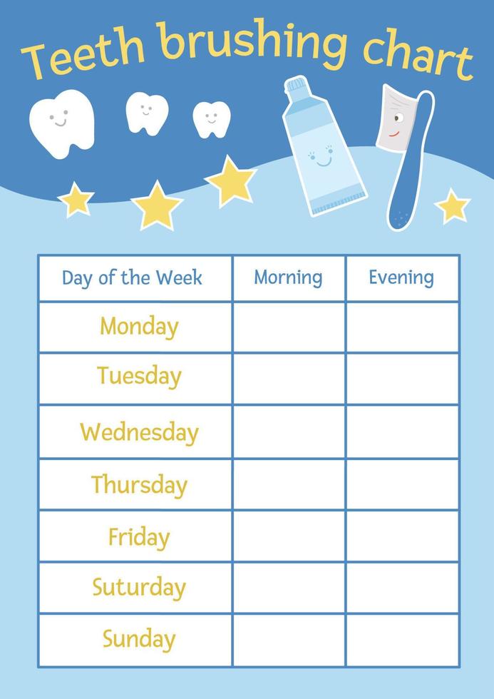 Linda tabla de cepillado de dientes para niños. cartel de estomatología de cuidado dental vectorial con lindos personajes sonrientes. calendario de higiene dental para niños. diseño de folleto de clínica de bebé dentista. vector