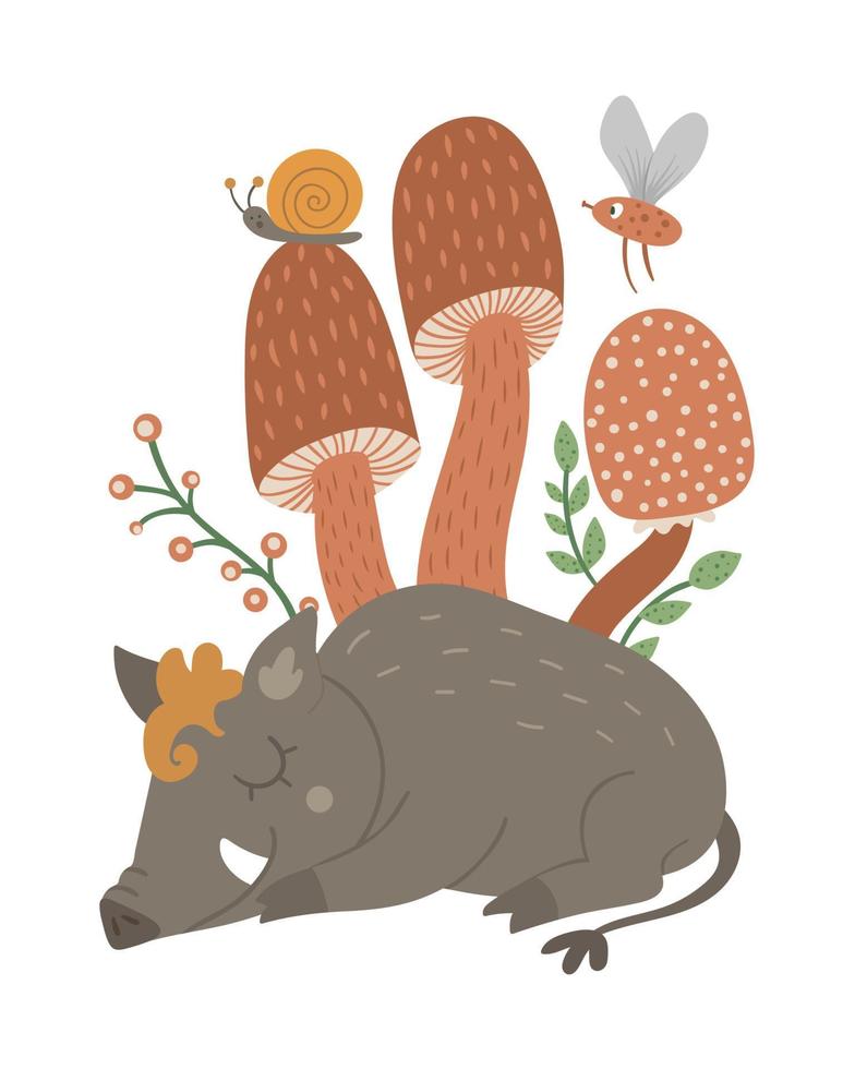 Vector hand drawn flat sleeping boar with mushrooms and insects. Funny woodland animal card template. Cute forest pig illustration for children design, print