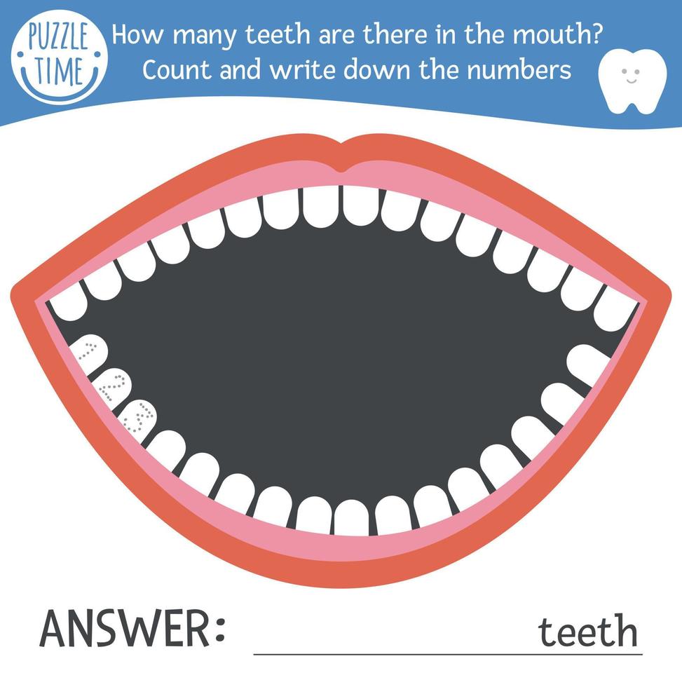 Dental care math game with cute characters. Dentist medicine mathematic maze activity for preschool children. How many teeth in the mouth. Simple dentist game for kids. vector