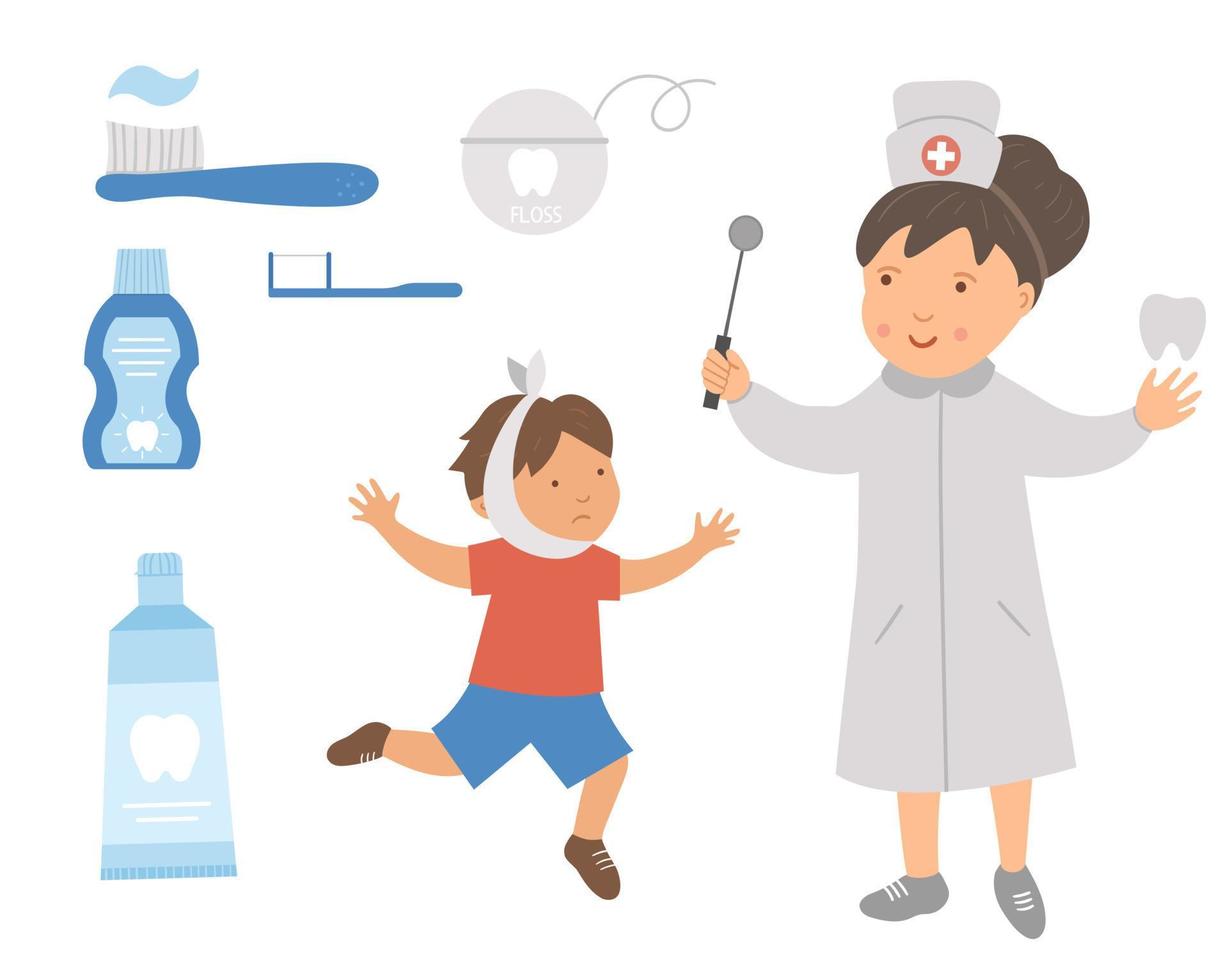 Ilustración de vector de paciente dentista y niño enfermo. Lindo médico de dientes y herramientas de cuidado dental para niños. imagen de higiene bucal para niños. concepto de tratamiento dental