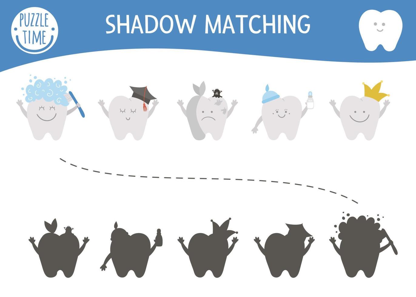actividad de emparejamiento de sombras de cuidado dental para niños con dientes lindos. hoja de trabajo preescolar de higiene bucal. encuentra el juego de silueta correcto con el diente kawaii. vector