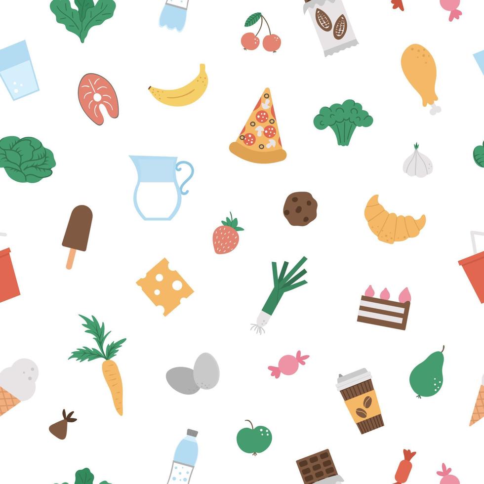 Seamless pattern with junk and healthy food and drink icons. Vector repeat background with ice-cream, pizza, vegetables, milk products, chocolate, candy, pastry. Flat hand drawn nutrition texture.