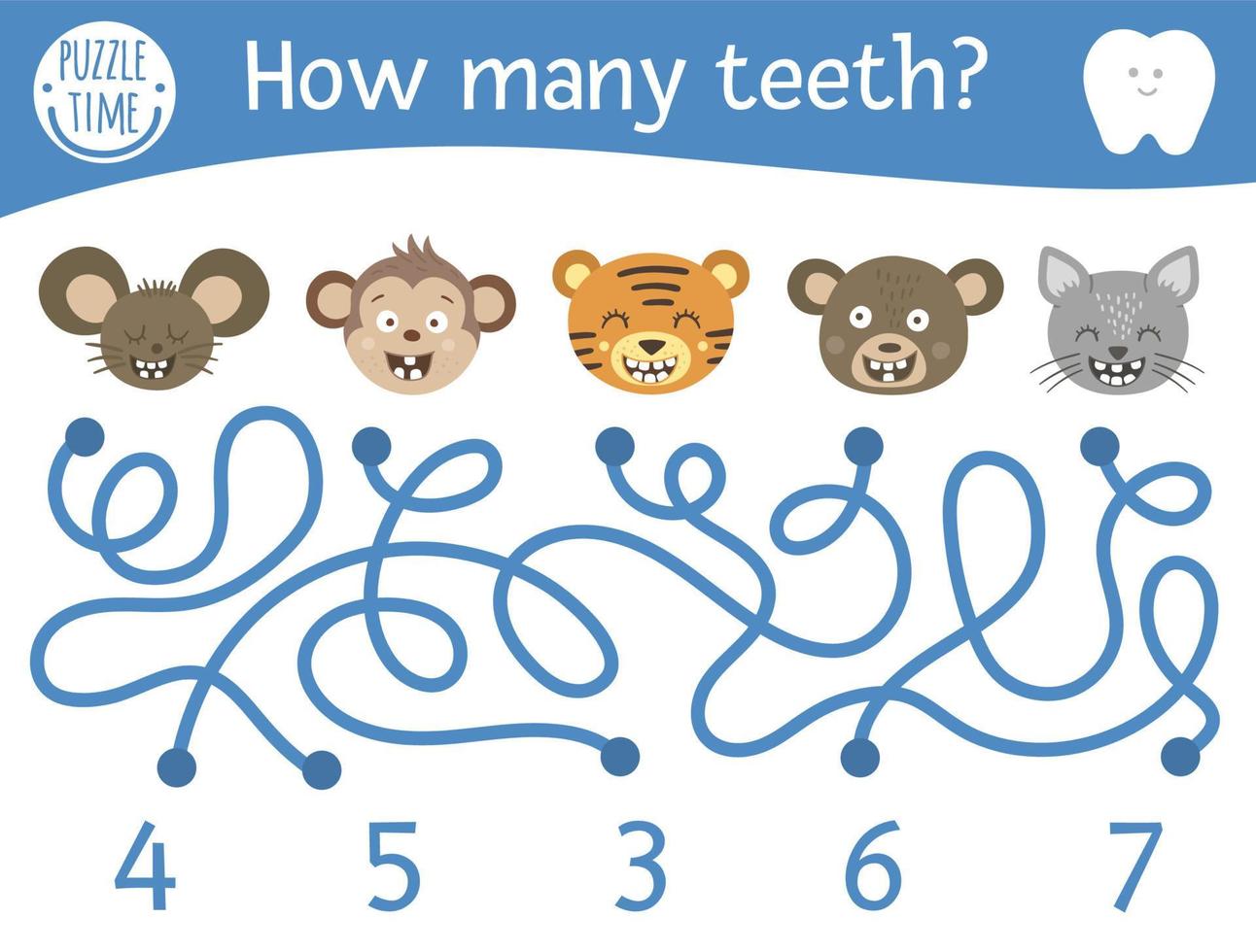 Dental care maze for children. Preschool math activity with toothy animals. Funny puzzle game with cute mouse, monkey, cat, bear, tiger. Counting labyrinth for kids. How many teeth vector