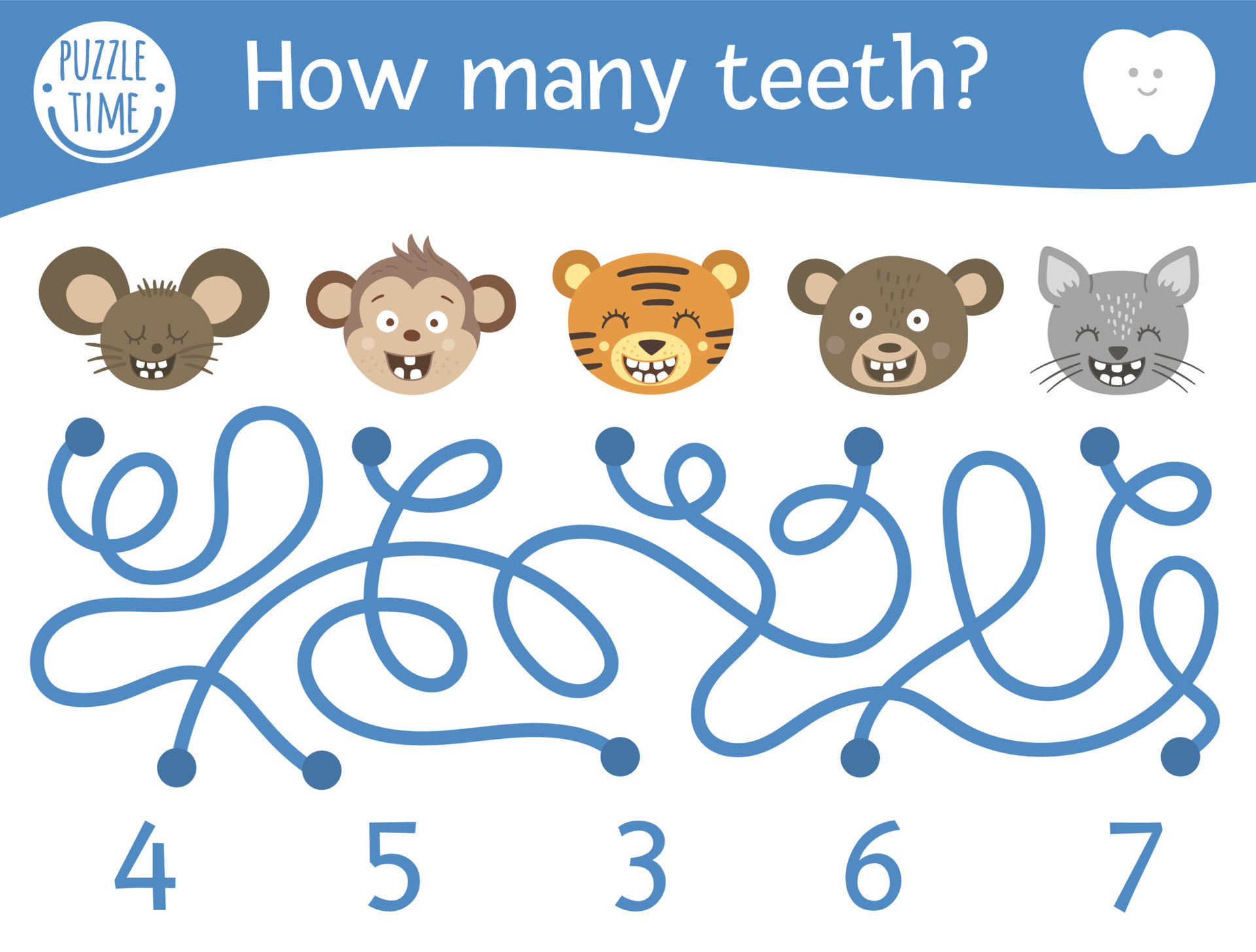 Dental care maze for children. Preschool math activity with toothy animals.  Funny puzzle game with cute mouse, monkey, cat, bear, tiger. Counting  labyrinth for kids. How many teeth 7509827 Vector Art at