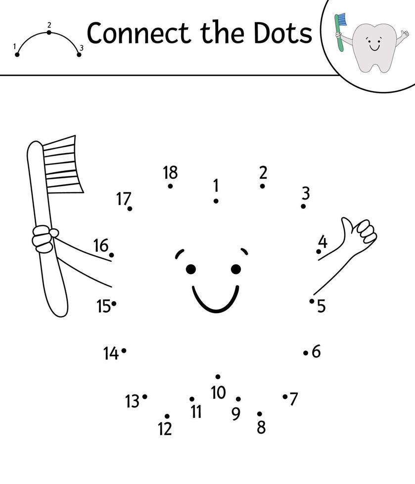 Vector dot-to-dot activity with cute kawaii tooth holding toothbrush. Connect the dots game. Funny teeth care character. Dental themed outline clipart for children. Mouth hygiene coloring page