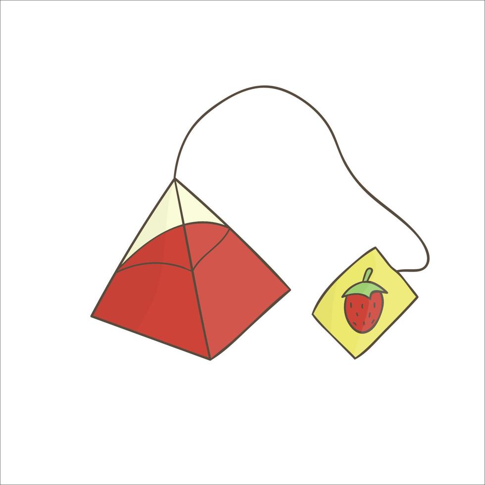 icono de línea de bolsita de té triangular. Ilustración de vector de bolsa de té de fruta blanca y negra. cervecería de arte lineal aislada sobre fondo blanco. equipo de cocina estilo garabato