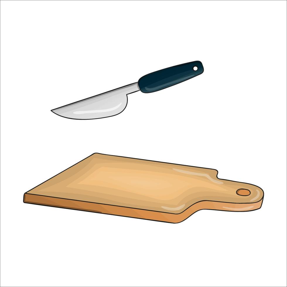 tabla de cortar y cuchillo de color vectorial. icono de herramienta de cocina aislado sobre fondo blanco. equipo de cocina de estilo de dibujos animados. Ilustración de vector de vajilla