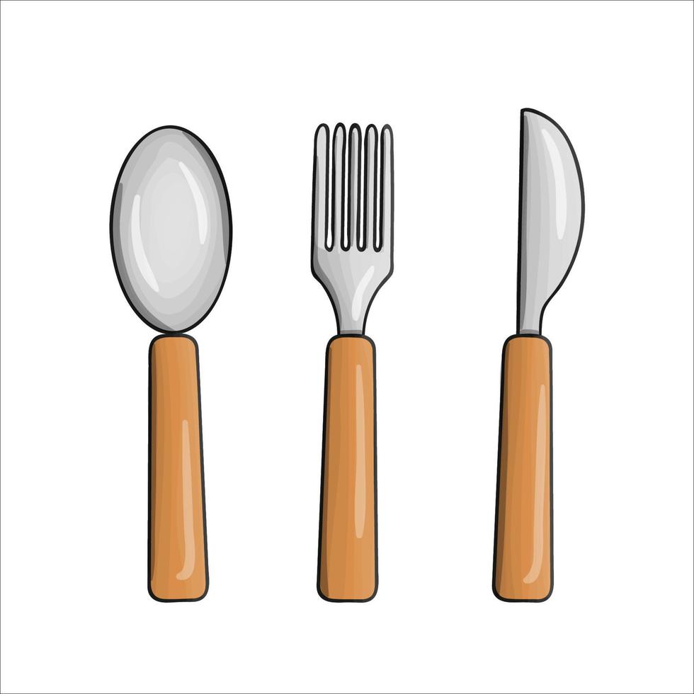 juego de vajilla de color vectorial. iconos de herramientas de cocina aislados sobre fondo blanco. equipo de cocina de estilo de dibujos animados. cuchara, cuchillo, tenedor ilustración vectorial vector