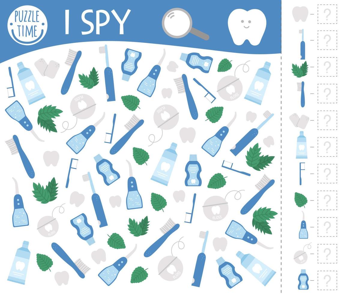 juego de cuidado dental i spy para niños. actividad de búsqueda y conteo temática de higiene bucal para niños en edad preescolar con elementos lindos. juego divertido para niños con dientes, cepillo, pasta. hoja de trabajo de prueba lógica. vector