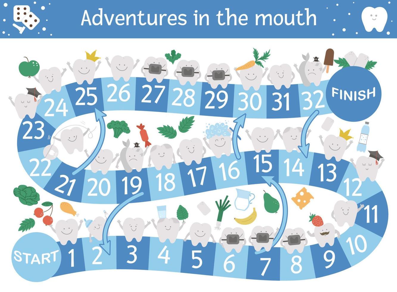 Juego de mesa de aventuras dentales para niños con simpáticos personajes. juego de mesa educativo de medicina dental. actividad de cuidado de los dientes. hoja de trabajo de aprendizaje de higiene bucal. vector