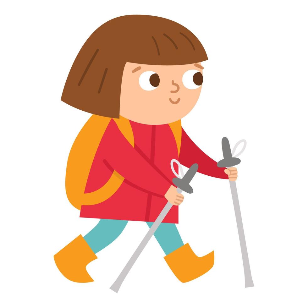 Vector cute girl with backpack and walking sticks. Trekking traveler isolated on white background. Outdoor tourist icon. Cute kid doing summer camp activity. Funny hiker illustration