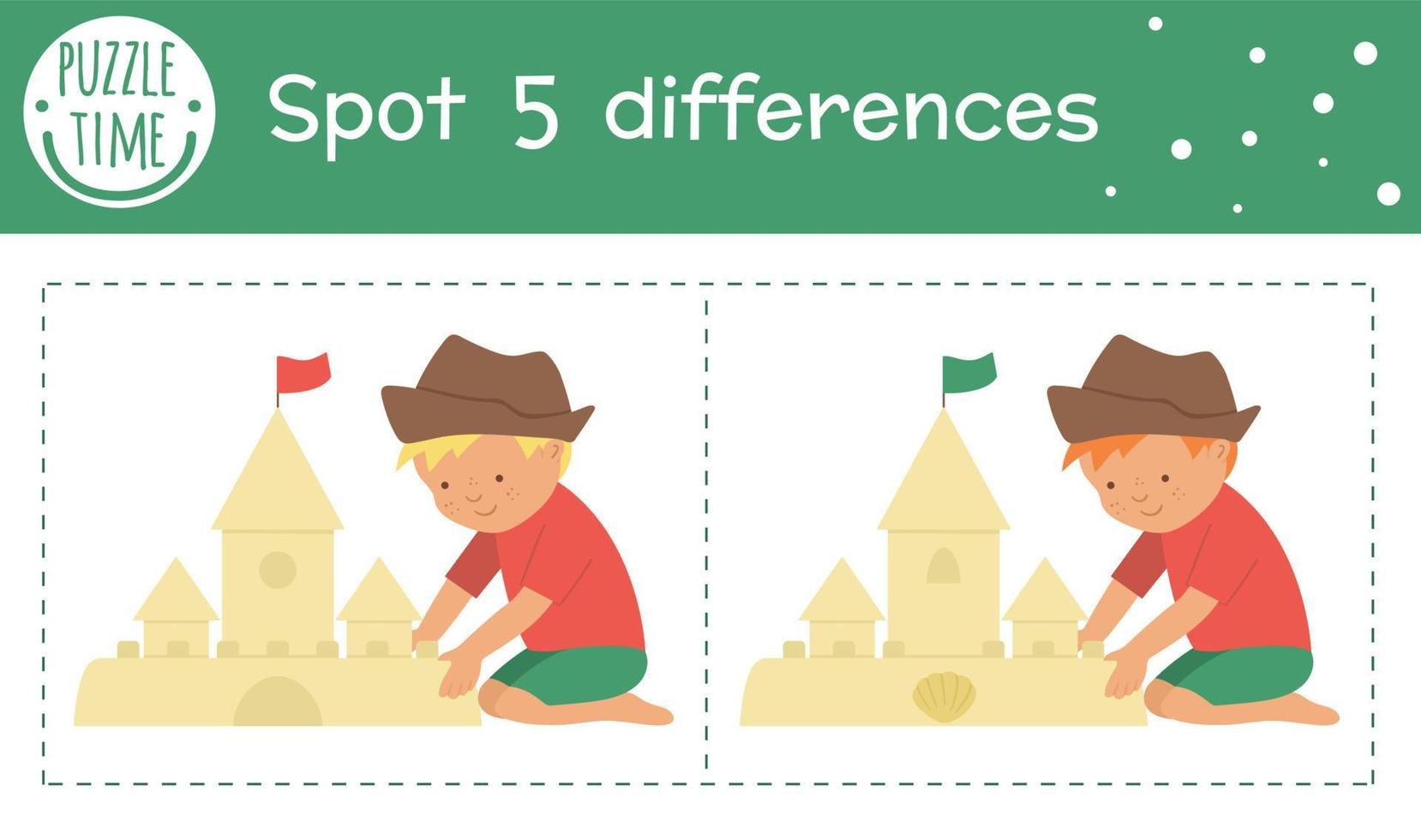 Summer find differences game for children. Beach holiday preschool activity with boy building sandcastle. Printable worksheet with cute funny smiling characters. vector